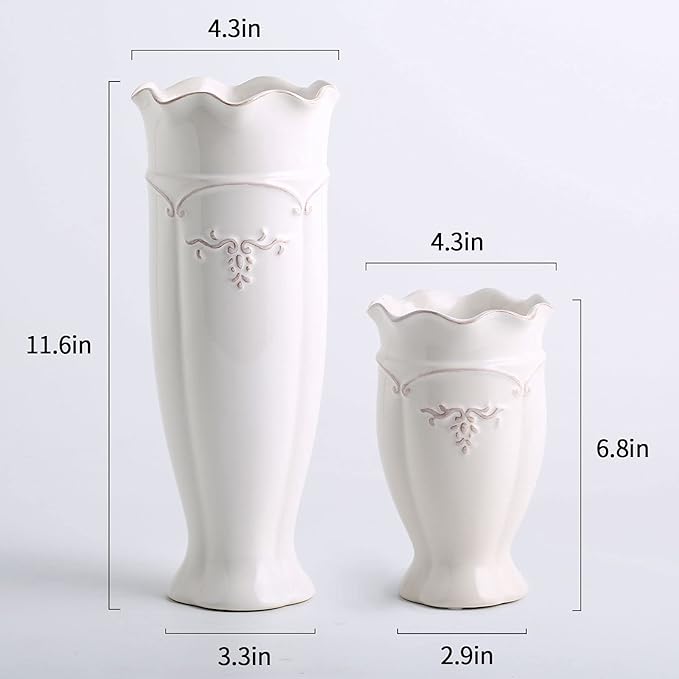 hjn White Vase for Flowers, Ceramic vase for Home Decor French Rustic Vase for Kitchen/Table/Living Room/Shelf/Mantel/Office-Height-6.8"