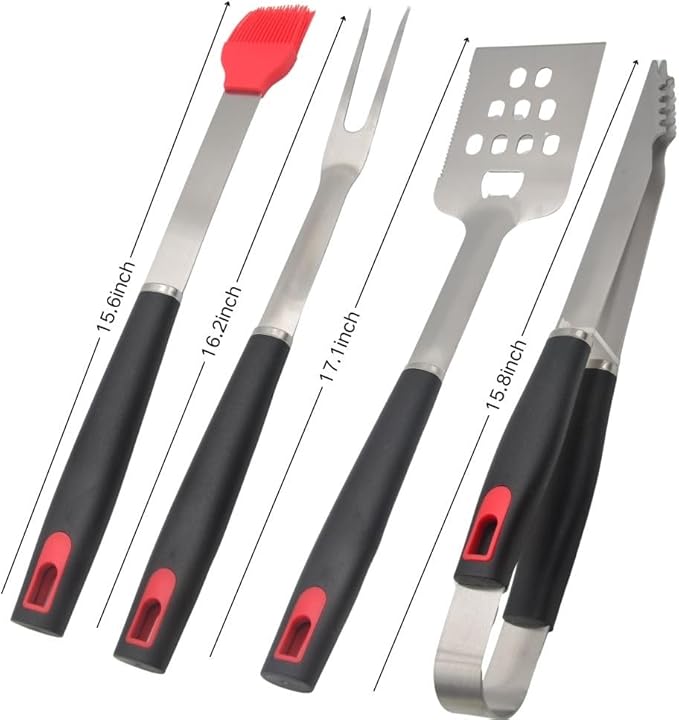 Stainless Stell BBQ Accessories Tool Set with Serrated Edged Spatula、Fork Brush and Tongs Backyard Outdoor Cooking and Teppanyaki Barbecue Tools Accessories 4-Piece Home Barbecue Set