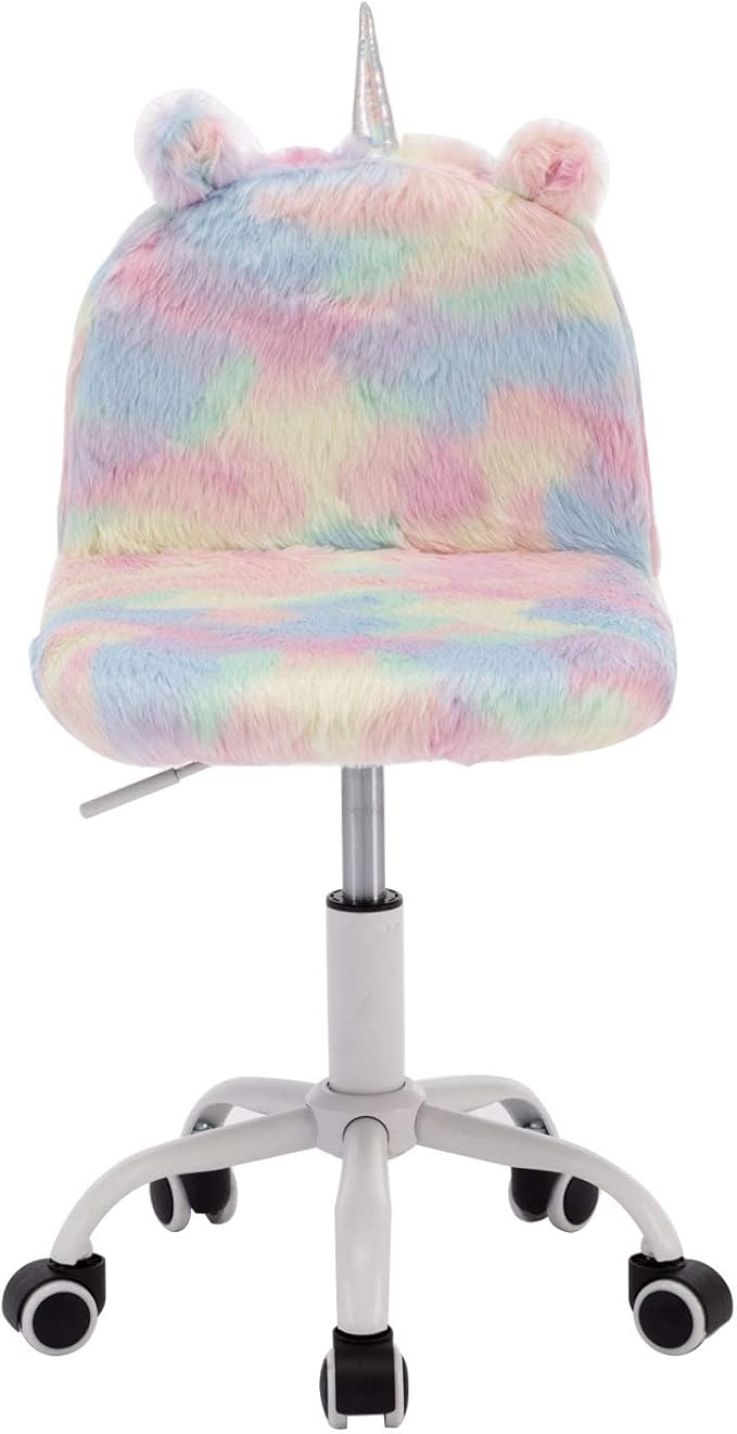 Cute Fuzzy Kids Chair Funny Rolling Study Desk Chair Colorful Girls Vanity Swivel Chair with White Foot