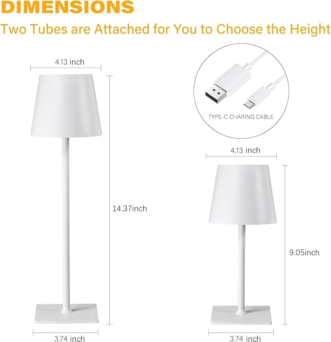 Cordless Table Lamps, 3 Colors Stepless Dimming, 5000mAh Rechargeable Battery LED Desk Lamp for Bedroom/Couple Dinner/Desk/Cafe/Dining Room/Terrace (White - 2 Pack)