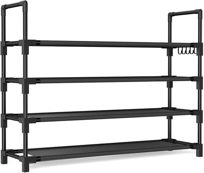 4 Tier Shoe Rack, Shoe Organizer Storage for 16-20 Pair Boot and Sneaker, Stackable Free Standing Shoe Shelf with Hooks and Side Pocket, Space Saving Shoes Rack for Closet, Entryway