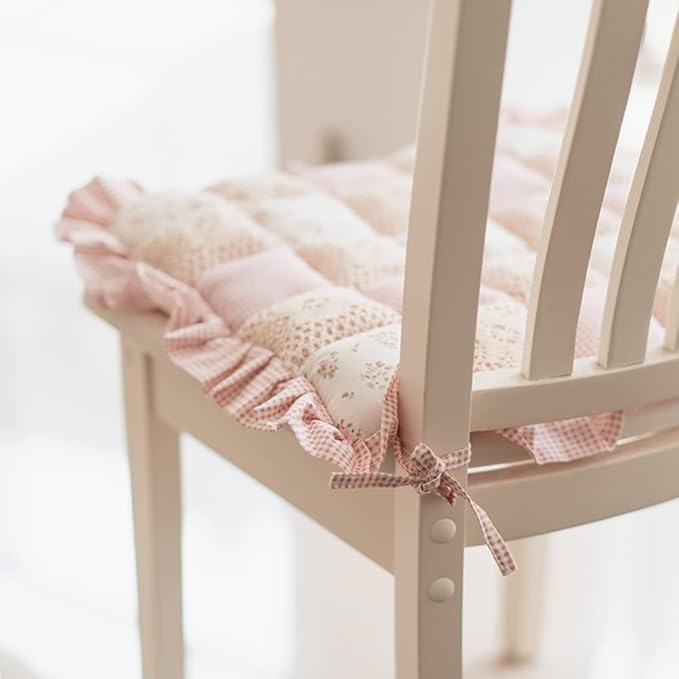 vctops Lace Patchwork Chair Pad Cushion with Ties, Elegant Ruffle Edge Decorative Cushions Farmhouse Floral Pattern Square Seat Cushion for Kitchen Dining Room Office (Type A,16"x16")