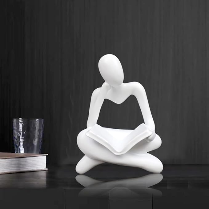 Thinker Statue Reading Women Figurine Abstract Art Sculpture Home Decor Modern White Decor Accents White Thinker Figurines for Living Room Shelves Bookshelf Office Shelf Desktop Decor