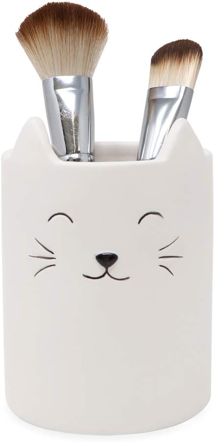 Isaac Jacobs White Ceramic Cat Makeup Brush Holder, Multi-Purpose Cup Organizer. Bathroom, Kitchen, Bedroom, Office Décor (Single Cup, Pastel White)