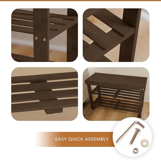 Leaf & Grain Bamboo Shoe Rack - Shoe Storage Bench for Front Door Entrance – Entryway Bench with Shoe Shelf, Shoe Storage Organizer, Wooden Shoe Rack, Durable Shoe Bench for Home (Walnut)