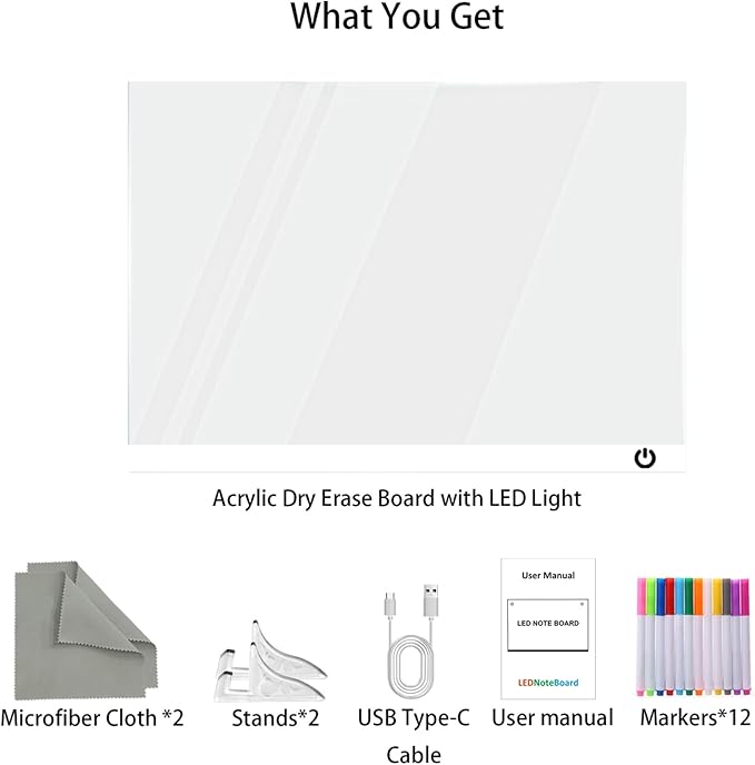 Acrylic Dry Erase Board with LED Light -11.8"x8.5" Clear Glowing Memo,Brightness Level Adjustment,12 Color Markers, Ideal for Office/Home/Kids (Standard Edition)