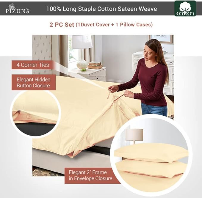 Pizuna Pure 100% Cotton Twin Duvet Cover Set, Luxurious 400 Thread Count Long Staple Cotton Sateen Weave with Button Closure (Combed Cream Cotton Duvet Cover Twin)