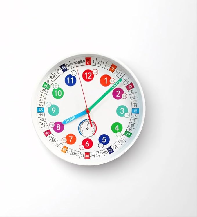 Wall Clocks,10Inch Learning Time Clock, Colorful Clock Face Silent Clocks with Simple Thermometer,Clear Digital Wall Clock (White)