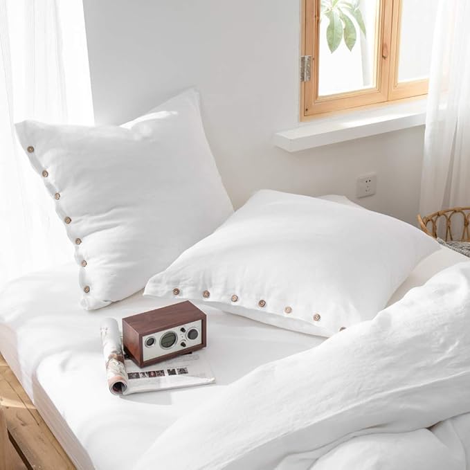 Simple&Opulence 100% Washed Linen Euro Sham Cover, 26 x 26 Inch, Decorative Bed Pillow Cover with Coconut Button, Solid Color Pillow Shams Set of 2 (White)