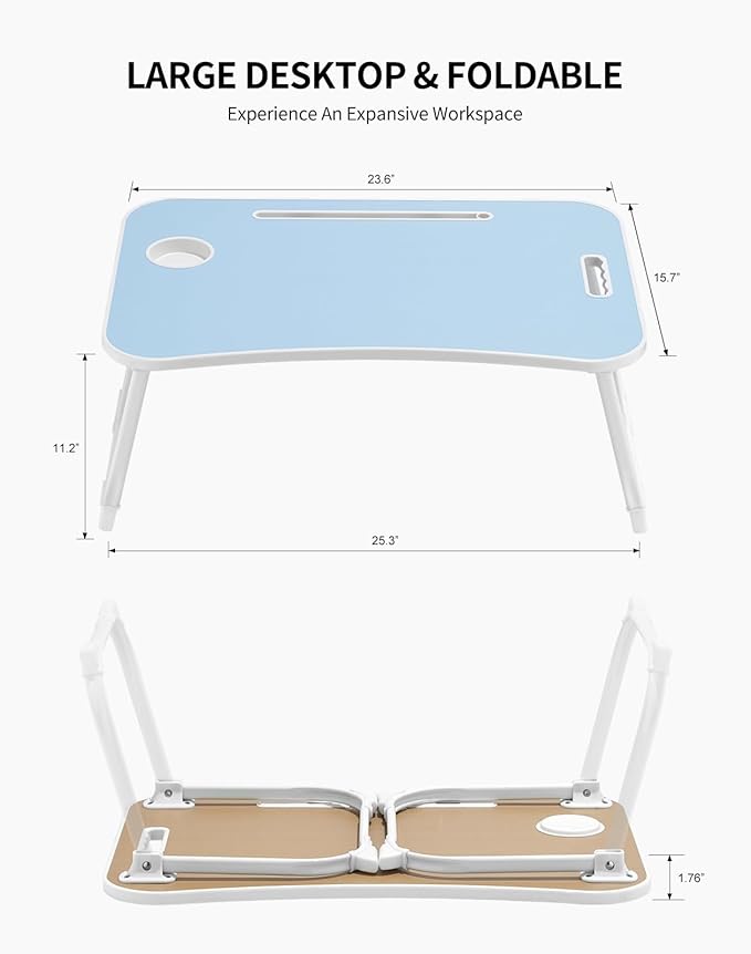 Laptop Bed Desk, Foldable Lap Table, Portable Study Table, Laptop Stand with Cup Holder & Tablet Slot & Lifting Handle for Working Writing Drawing & Eating - Baby Blue