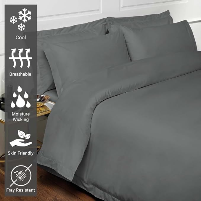 Pizuna Pure 100% Cotton King Duvet Cover Set, Luxurious 400 Thread Count Long Staple Cotton Sateen Weave with Button Closure (Combed Dark Grey Cotton Duvet Cover King)