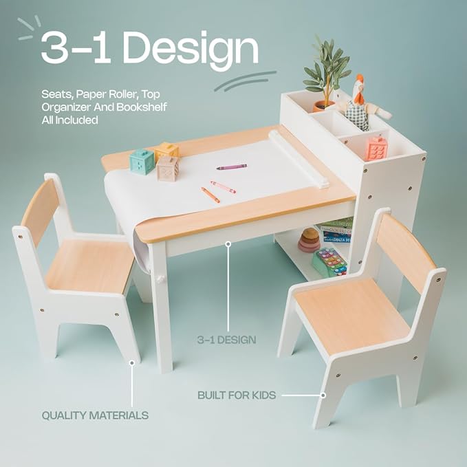 Art Table for Kids - 3 in 1 Kids Table and Chairs Set (2 Chairs Included), White Wooden Craft Table for Kids with Bookshelf and Paper Roller, Arts & Crafts Activity Table - Kids Art Table by Cal & Rye