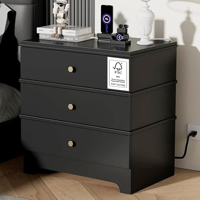 3 Drawer Nightstand with Charging Station,24" Farmhouse Night Stand, Small Chest of Drawers, Wood Bedside Table Cabinet for Bedroom, Living Room, Hallway, Black