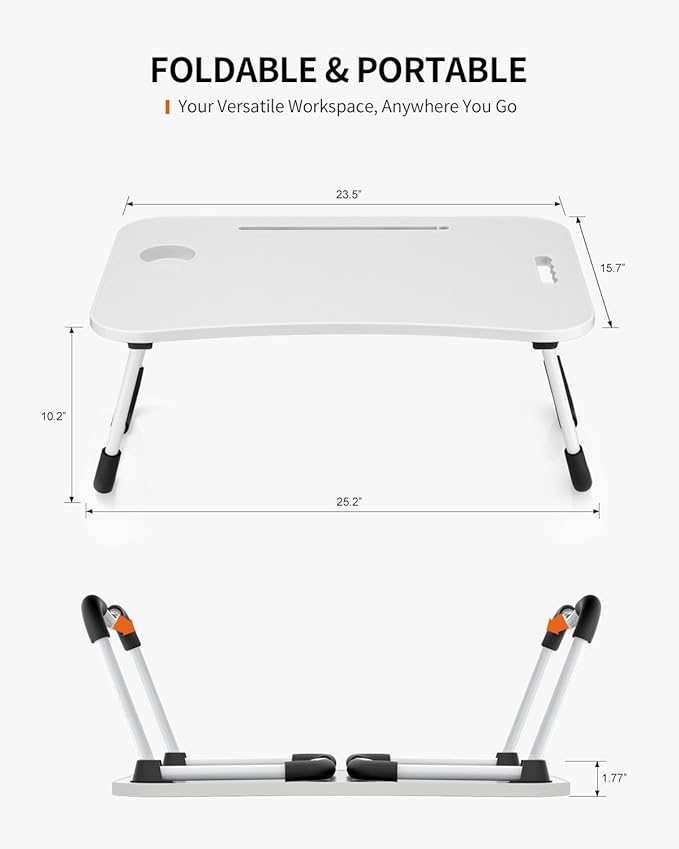 Foldable Laptop Table, Portable Lap Desk Bed Table Tray, Laptop Stand with Cup Holder & Tablet Slot & Lifting Handle for Working Writing Drawing & Eating (White)