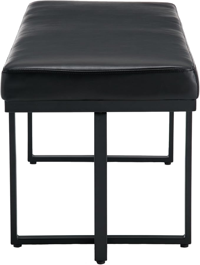 45" Modern Ottoman Bench for Bedroom, Black Faux Leather Upholstered Entryway Bench with Soft Cozy Cushion End of Bed Bench Kitchen Bench with Black Metal Frame for Living Room/Window/Hallway