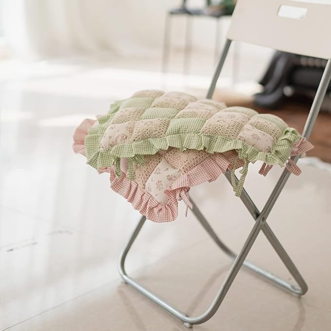 vctops Lace Patchwork Chair Pad Cushion with Ties, Elegant Ruffle Edge Decorative Cushions Farmhouse Floral Pattern Square Seat Cushion for Kitchen Dining Room Office (Type B,16"x16")