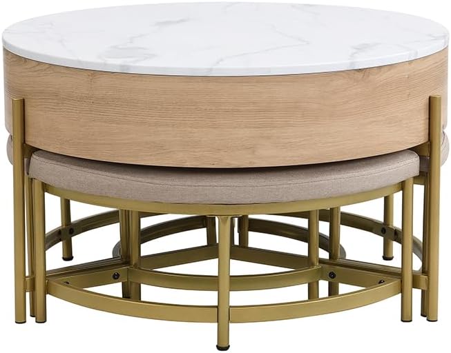 WILLIAMSPACE 31.5" Lift Top Coffee Table Set with Storage & 3 Upholstered Nesting Ottoman, Modern Round Marble Coffee Table Accent Center Table for Living Room, Apartment, White & Natural