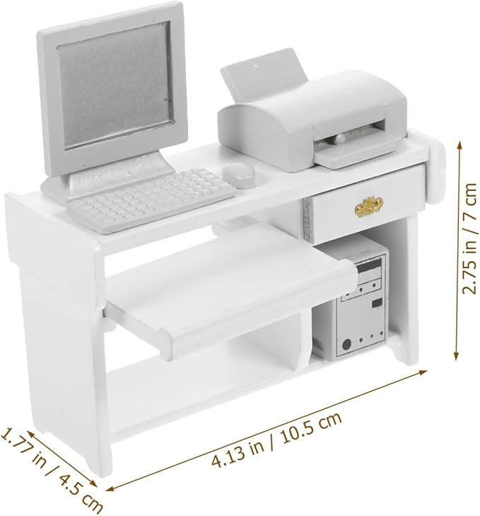 1 Set Miniature Office Desk: Dollhouse Computer Desk Mini Toys for Crafts - Tiny House Wood Computer Model Miniature Office Furniture Ornament for Kids Doll House(White)