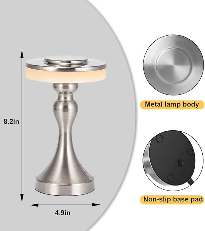 Portable Metal LED Table Lamp,Cordless Battery Table Lamp,3 Color Touch Control Rechargeable Desk Lamp,3-Levels Brightness Bedside Battery Lamp,Night Light for Kids Nursery,Dining Room Lamp