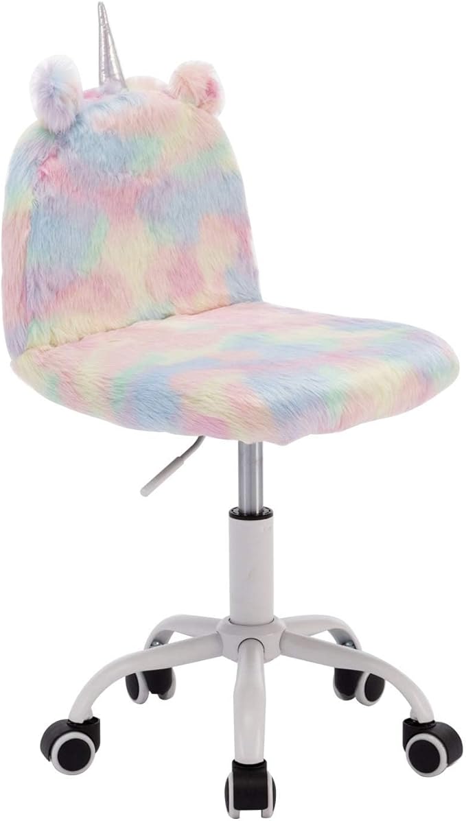 Cute Fuzzy Kids Chair Funny Rolling Study Desk Chair Colorful Girls Vanity Swivel Chair with White Foot