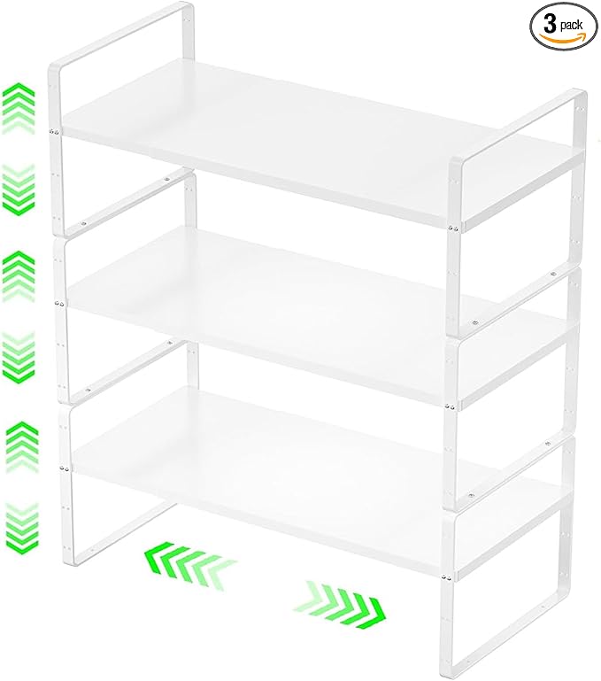 Expandable Kitchen Cabinet Storage Shelf, Stackable Metal Pantry Storage Shelves Organizer, Adjustable Height Counter Spice Rack for Kitchen Cabinet (White - 16.5"-27" L x 8" W x 9.6" H - 3Pack)