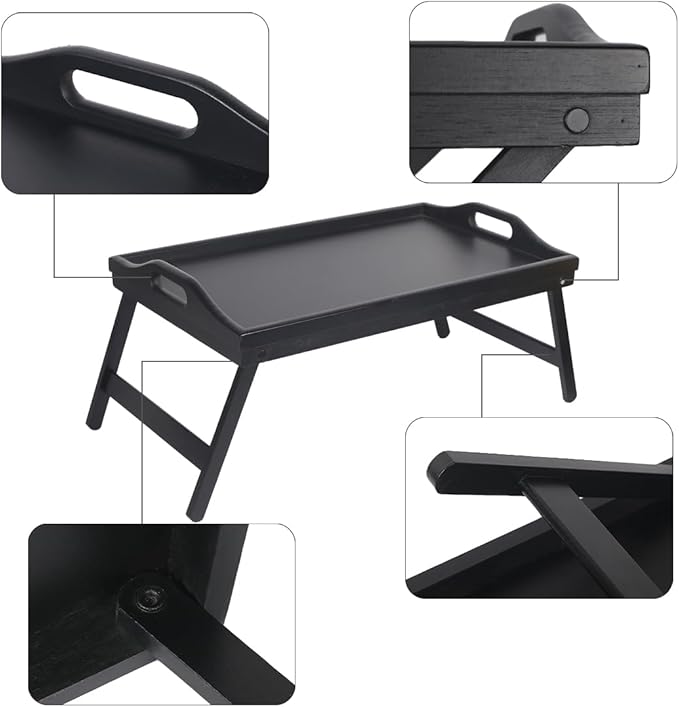 Multi-Purpose Bamboo Wood Lap Desk - Folding Legs, Breakfast Food Tray, Serving Dinner Tea TV Tray - Lightweight, Minimalist Black