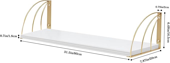 White Wall Bookshelf Pine Wood Large 31.5×7.87 Inch White and Gold Floating Shelves with Elegant Lines,Floating Book Shelves for Wall,White Gold Shelves,Floating Bookshelves Set of 2.