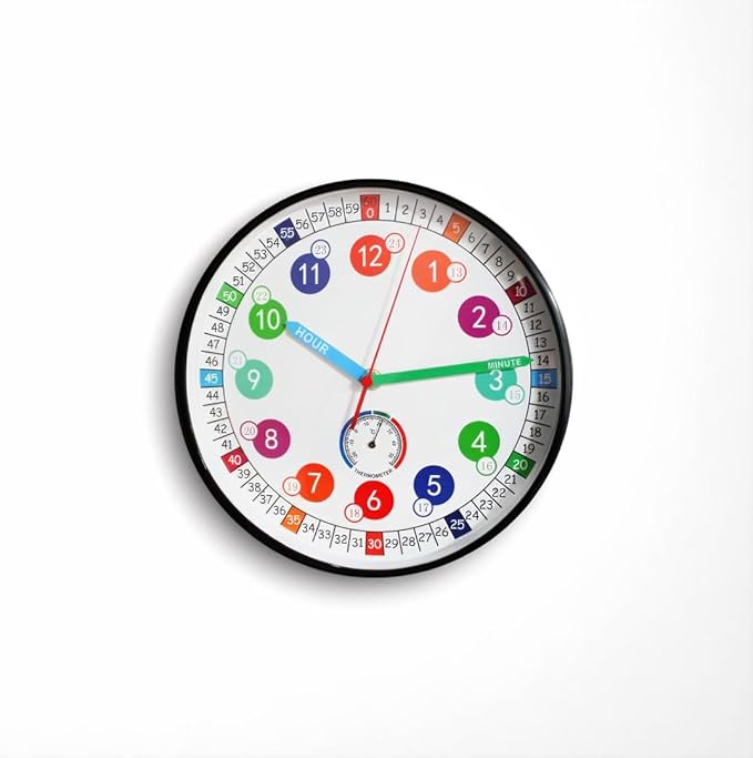Wall Clocks,10Inch Learning Time Clock, Colorful Clock Face Silent Clocks with Simple Thermometer,Clear Digital Wall Clock (Black)