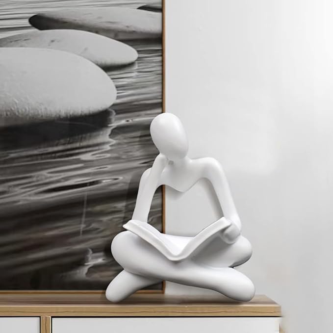 Thinker Statue Reading Women Figurine Abstract Art Sculpture Home Decor Modern White Decor Accents White Thinker Figurines for Living Room Shelves Bookshelf Office Shelf Desktop Decor