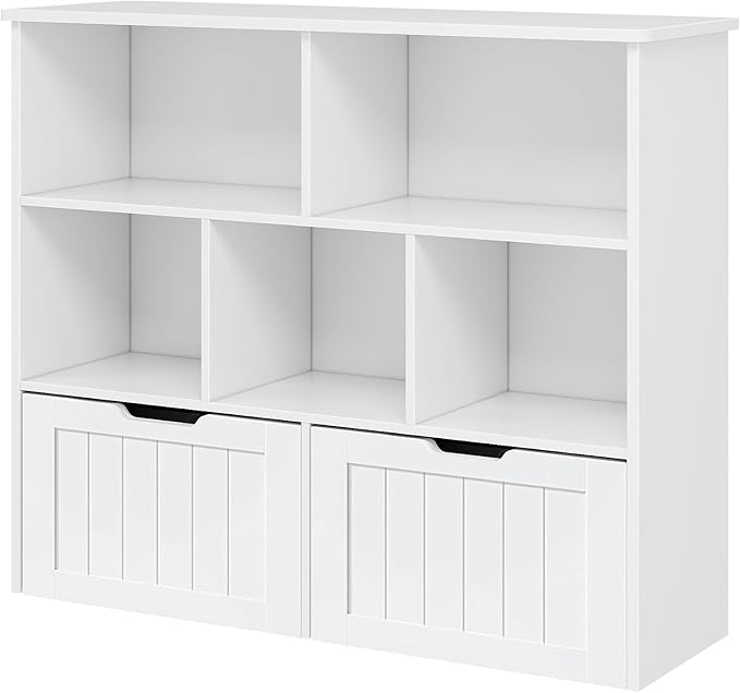 Toy Storage Organizer with Bookshelf, Large Toy Organizers and 2 Movable Drawers with Hidden Wheels and 5 Storage Cubbies, Kids Bookshelf and Toy Storage Chest, Playroom Furniture, White