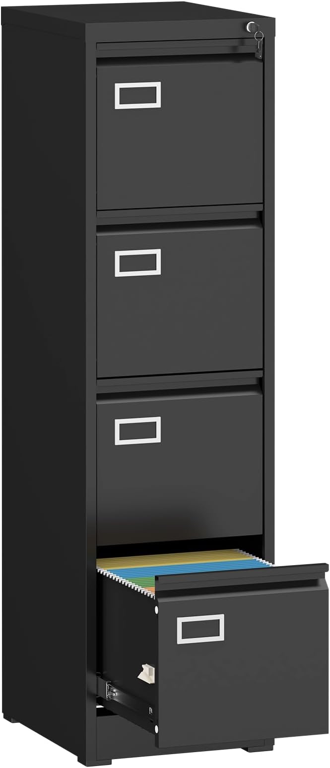 LUCYPAL 4 Drawer File Cabinet with Lock and Tag,Black Metal Filing Storage for Home Office,Steel Locking Filing Cabinets with Drawers for A4 Legal/Letter Size,Vertical File Cabinet