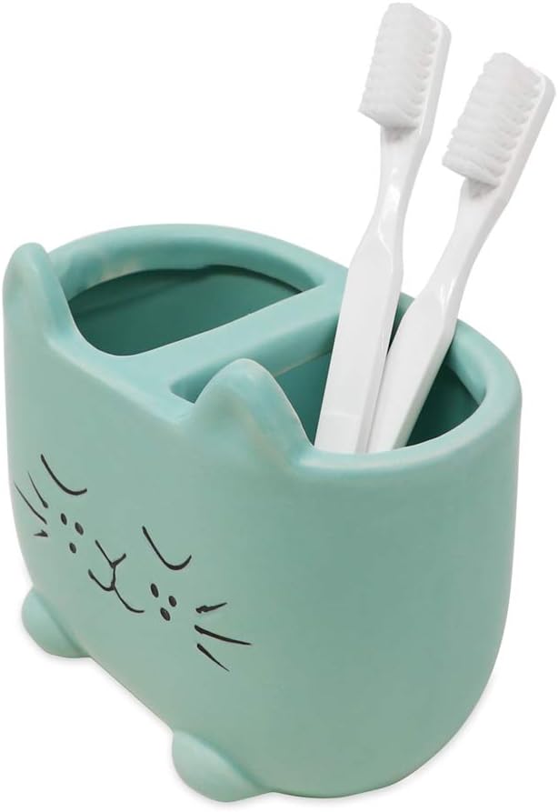 Isaac Jacobs Blue Ceramic Cat Makeup Brush Holder, Multi-Purpose 2-Section Organizer. Bathroom, Kitchen, Bedroom, Office Décor (2-Section Cup, Pastel Blue)