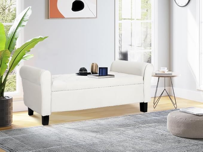 Storage Bedroom Bench for End of Bed, Upholstered Storage Ottoman with Rolled Arms for Bedroom,Living Room, Entryway.
