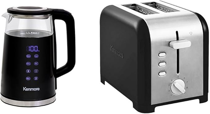 Kenmore Electric Tea Kettle 1.7L Hot Water+Kenmore 2-Slice Toaster, Black Stainless Steel