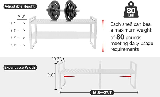 Hole Pattern Expandable Shelf Organizer,2Pack 10.2" Wide Easy to Assemble Cabinet Organizer Shelf, 16.5~27.1" Adjustable Height&Stackable Spice Organization for Cupboard, White