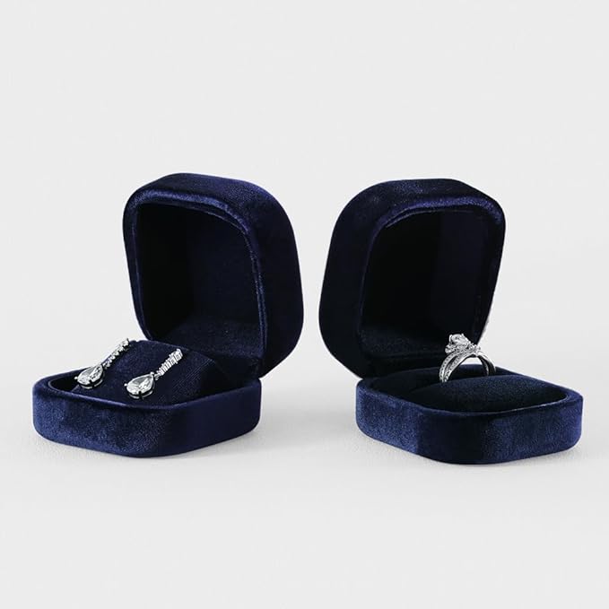 Resilient Velvet Ring Earrings Bracelet Necklace Display Box, Travel Mini Jewelry Organizer Case (Blue, Ring Box)