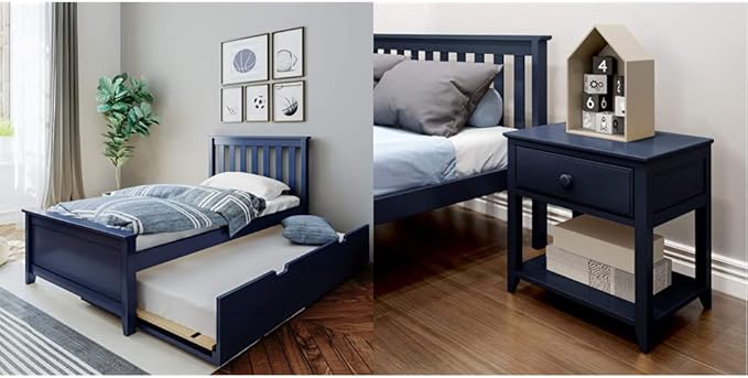 Max & Lily Twin Bed with Trundle and Nightstand, Wood Bed Frame with Headboard for Kids, Blue