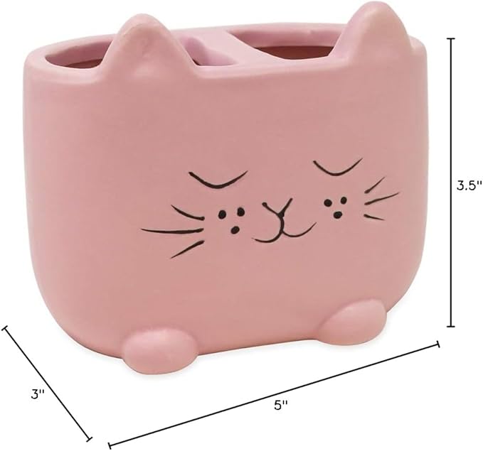 Isaac Jacobs Pink Ceramic Cat Makeup Brush Holder, Multi-Purpose 2-Section Organizer. Bathroom, Kitchen, Bedroom, Office Décor (2-Section Cup, Pastel Pink)