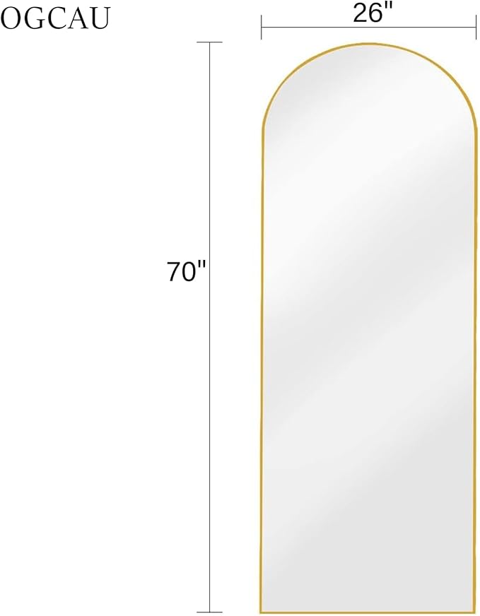 OGCAU Full Length Mirror, 70"x26" Arched Full Body Floor Mirror with Stand, Hanging or Leaning, Standing, Wall Mounted with Aluminum Frame for Bedroom Living Room (Gold)