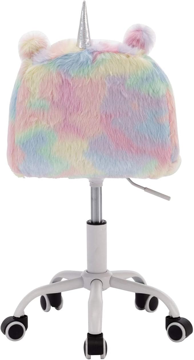 Cute Fuzzy Kids Chair Funny Rolling Study Desk Chair Colorful Girls Vanity Swivel Chair with White Foot
