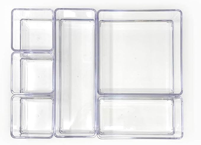 Isaac Jacobs 6-Tray Clear Acrylic Organizer Set, (Six Individual Trays), Multi-Purpose, Stackable Storage Solution for Makeup, Crafts, Desk, School, Office Supplies & More, for Bathroom, Kitchen
