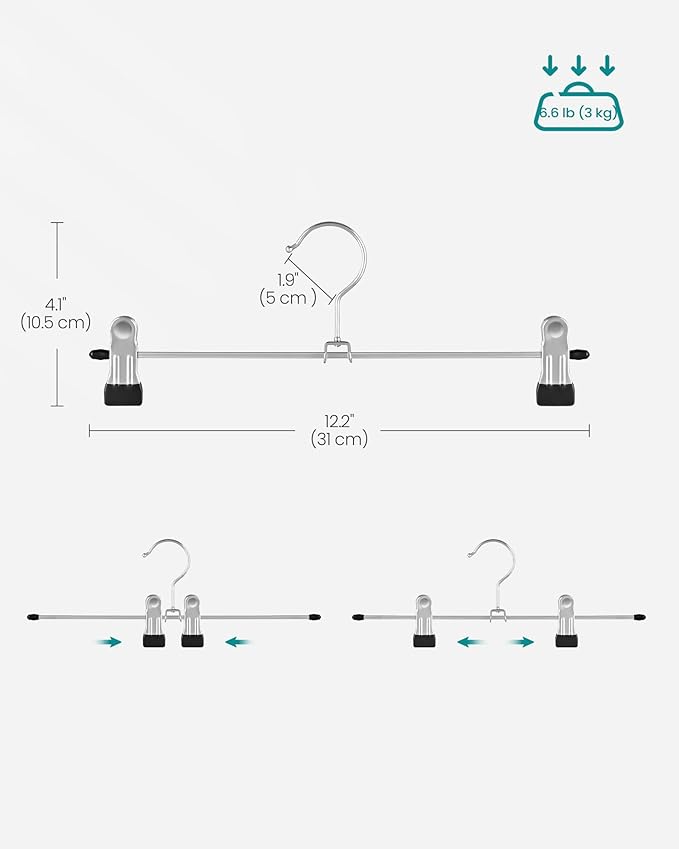 SONGMICS Pants Hangers, Set of 20, 1 Tier Non-Slip Skirt Hangers, Space Saving Pants Organizers, for Closet, Silver and Black UCRI003-20