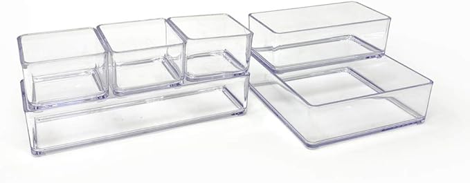 Isaac Jacobs 6-Tray Clear Acrylic Organizer Set, (Six Individual Trays), Multi-Purpose, Stackable Storage Solution for Makeup, Crafts, Desk, School, Office Supplies & More, for Bathroom, Kitchen