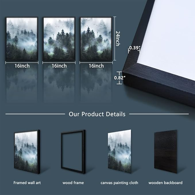 DZRWUBHS Black Framed Wall Art - Foggy Forest Paintings, Trees Landscape - 3 Piece Framed Art for Living Room, Bedroom & Office Decor