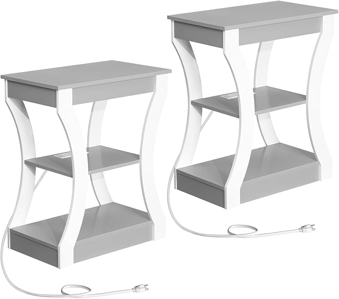 End Table with Charging Station, Set of 2, Side Table with USB Ports and Outlets, 3 Tier Nightstand with Storage Shelf for Small Spaces, Living Room, Bedroom, Grey ETSW53E01S2