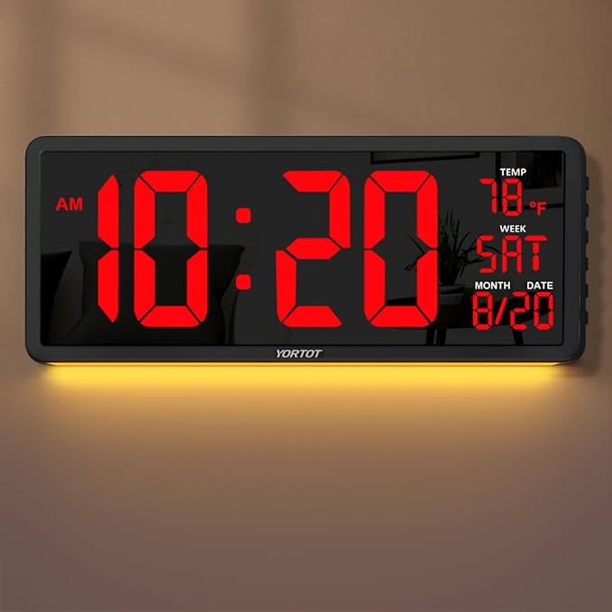 YORTOT 16β Large Digital Wall Clock with Remote Control - Adjustable Dimmer, 7 Color Night Lights, Big LED Clock with Indoor Temperature, Date, Auto DST, 12/24Hour, Wall Mount/Foldable Stand