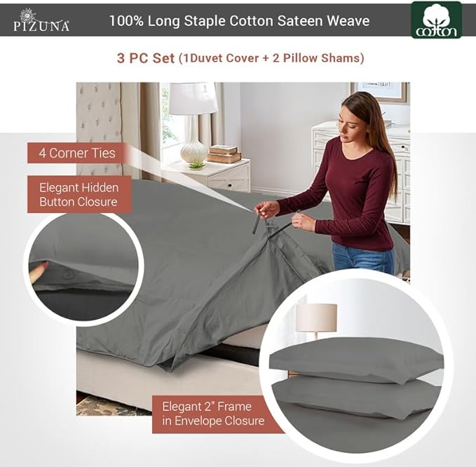 Pizuna Pure 100% Cotton Queen Duvet Cover Set, Luxurious 400 Thread Count Long Staple Cotton Sateen Weave with Button Closure (Combed Pearl Grey Cotton Duvet Cover Queen)