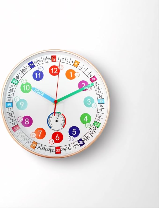 Wall Clocks,10Inch Learning Time Clock, Colorful Clock Face Silent Clocks with Simple Thermometer,Clear Digital Wall Clock (Rose Gold)