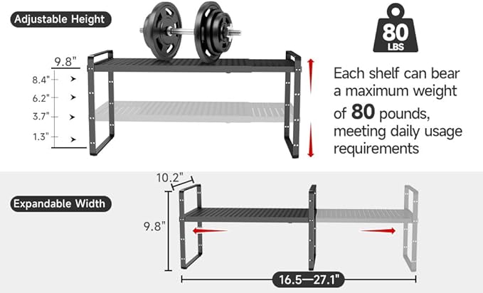 Hole Pattern Expandable Shelf Organizer,2Pack 8.1" Wide Easy to Assemble Cabinet Organizer Shelf, 16.5~27.1" Adjustable Height&Stackable Spice Organization for Cupboard, Black