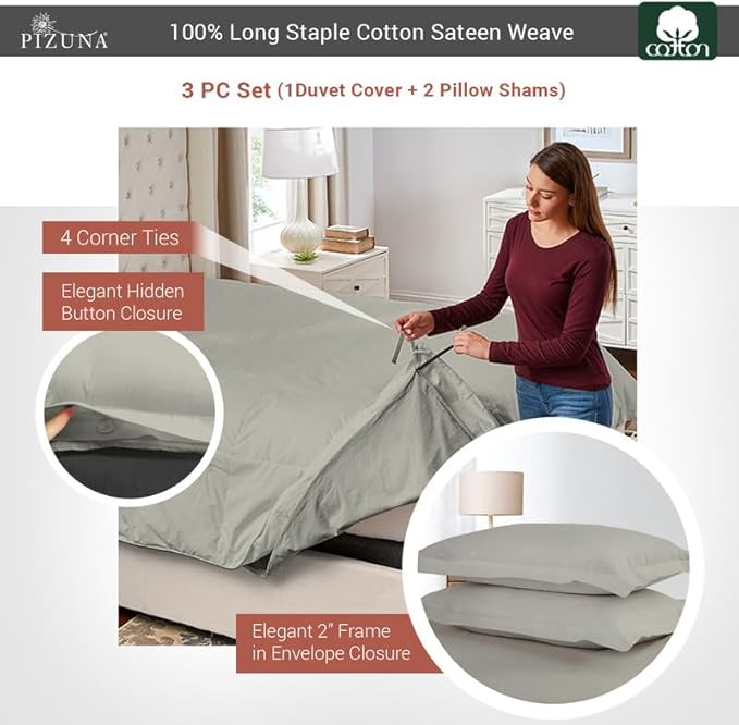 Pizuna Pure 100% Cotton Queen Duvet Cover Set, Luxurious 400 Thread Count Long Staple Cotton Sateen Weave with Button Closure (Combed Silver Cotton Duvet Cover Queen)
